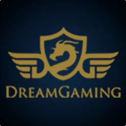 โลโก้ Dream Gaming ลายปีกและโล่สีทองบนพื้นน้ำเงินเข้ม
