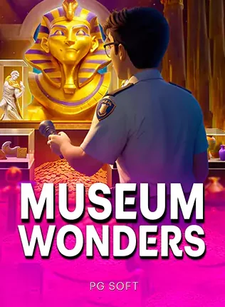 ภาพชายเฝ้าพิพิธภัณฑ์กับหน้ากากฟาโรห์ Museum Wonders จาก PG SOFT